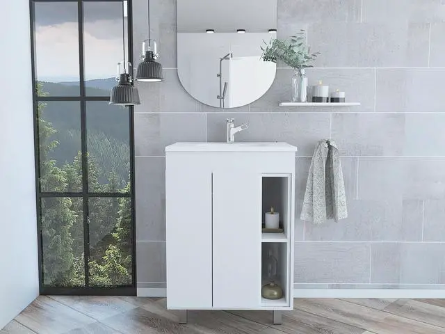Main image of 24" Meka Vanity, Two External Shelves, Double Door Cabinet -White