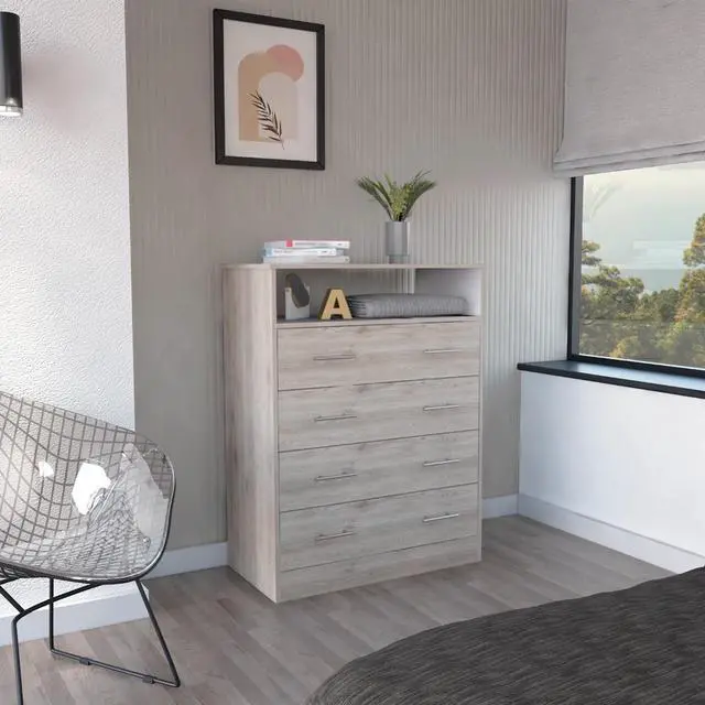 Main image of Peru L Four Drawer Dresser, Superior Top, One Open Shelf -Light Gray / White