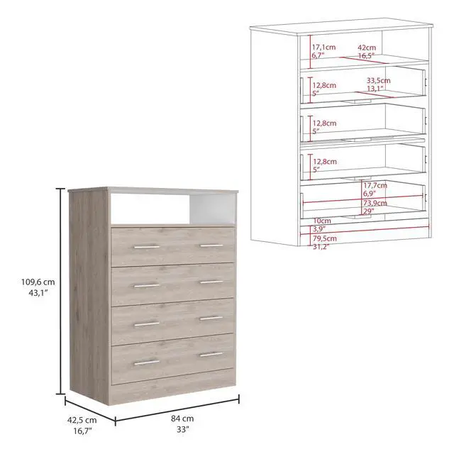 Alt view image 3 of 7 - Peru L Four Drawer Dresser, Superior Top, One Open Shelf -Light Gray / White