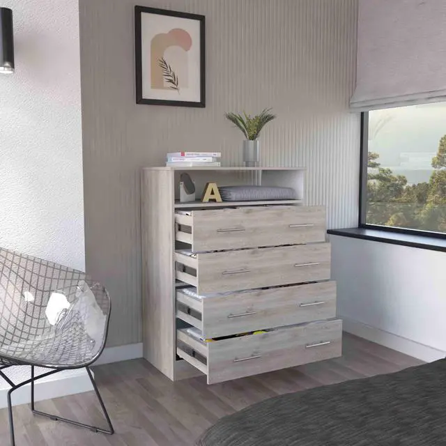Alt view image 4 of 7 - Peru L Four Drawer Dresser, Superior Top, One Open Shelf -Light Gray / White
