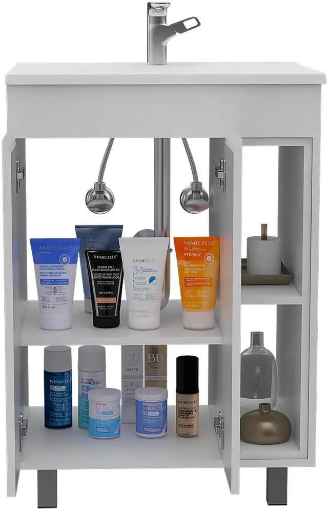 Alt view image 5 of 7 - 24" Meka Vanity, Two External Shelves, Double Door Cabinet -White