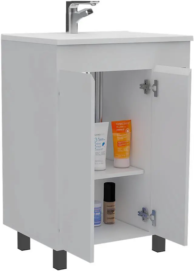 Alt view image 6 of 7 - 24" Meka Vanity, Two External Shelves, Double Door Cabinet -White