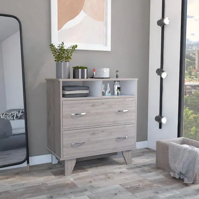 Main image of Portanova Two Drawer Dresser, Two Open Shelves, Superior Top, Four Legs -Light Gray / White