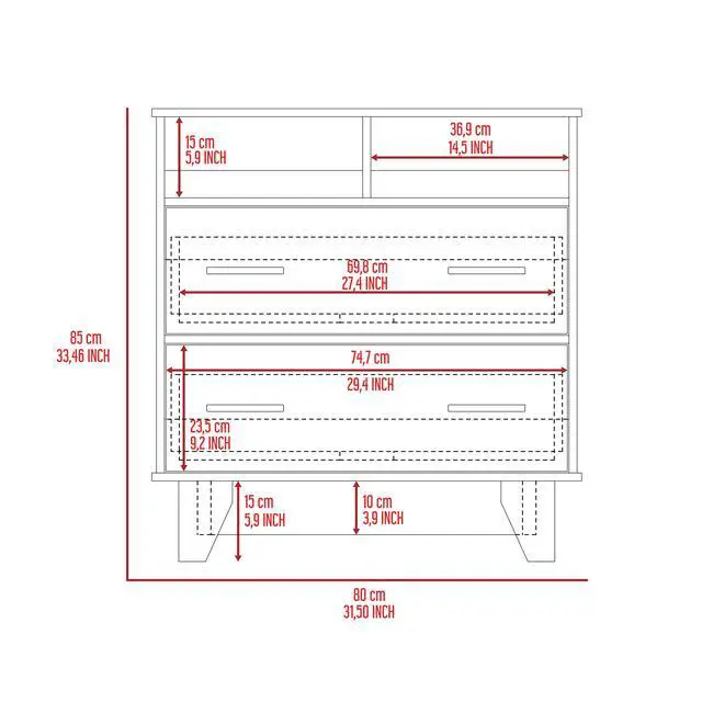 Alt view image 3 of 7 - Portanova Two Drawer Dresser, Two Open Shelves, Superior Top, Four Legs -Black