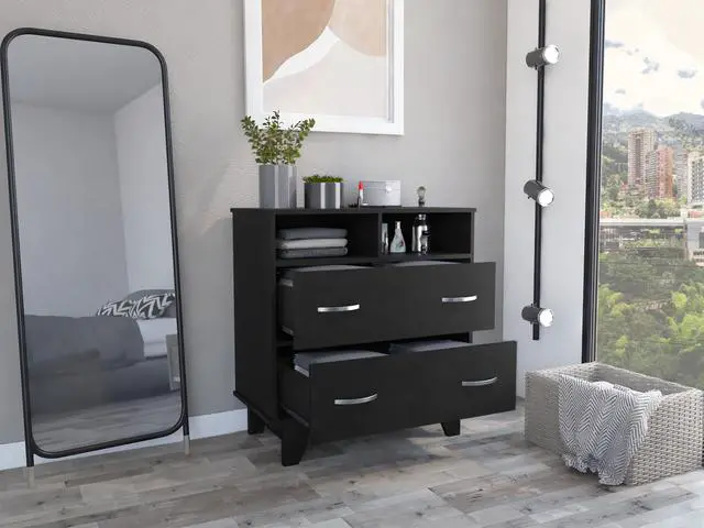 Alt view image 5 of 7 - Portanova Two Drawer Dresser, Two Open Shelves, Superior Top, Four Legs -Black