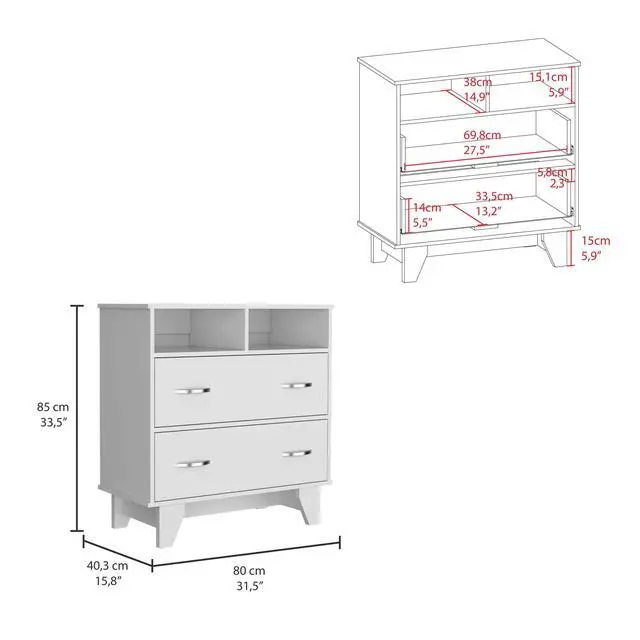 Alt view image 3 of 6 - Portanova Two Drawer Dresser, Two Open Shelves, Superior Top, Four Legs -White