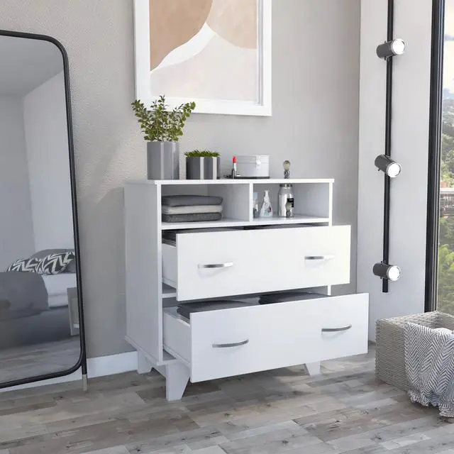 Alt view image 4 of 6 - Portanova Two Drawer Dresser, Two Open Shelves, Superior Top, Four Legs -White