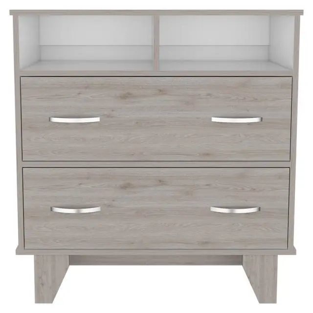 Alt view image 2 of 7 - Portanova Two Drawer Dresser, Two Open Shelves, Superior Top, Four Legs -Light Gray / White