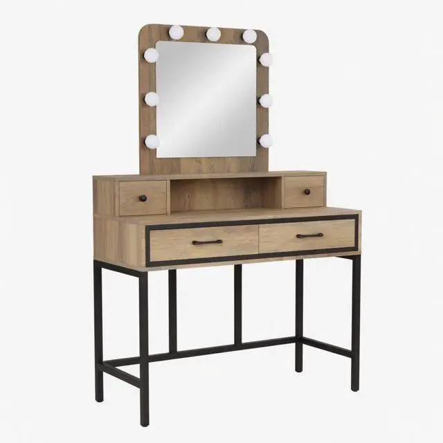 Main image of 39.37" Brown Vanity Desk with 3-Color Lighted Mirror - Makeup Table with 4 Drawers