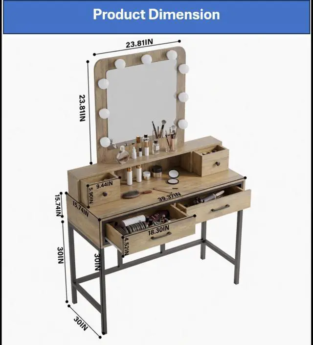 Alt view image 3 of 7 - 39.37" Brown Vanity Desk with 3-Color Lighted Mirror - Makeup Table with 4 Drawers