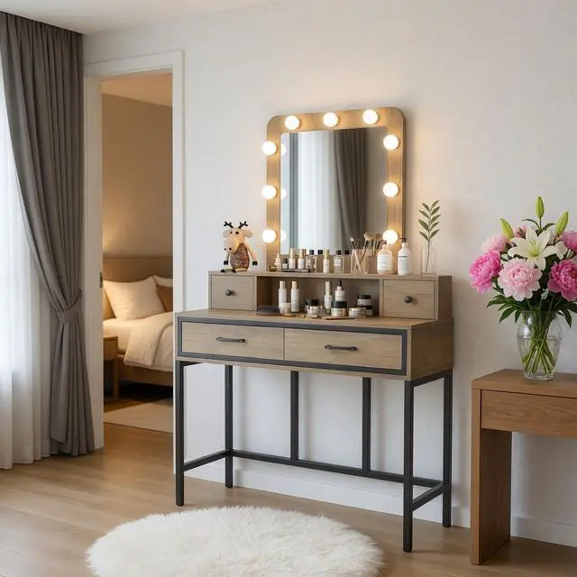 Alt view image 4 of 7 - 39.37" Brown Vanity Desk with 3-Color Lighted Mirror - Makeup Table with 4 Drawers