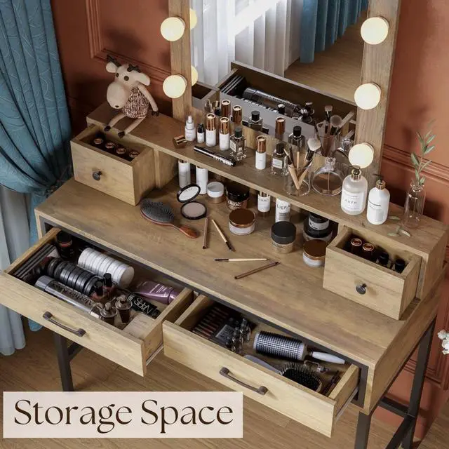 Alt view image 7 of 7 - 39.37" Brown Vanity Desk with 3-Color Lighted Mirror - Makeup Table with 4 Drawers