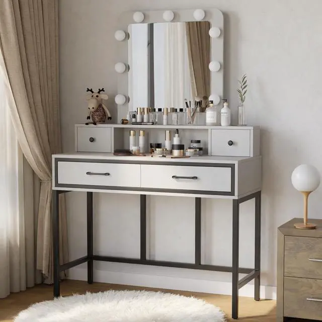 Alt view image 4 of 7 - 39.37" White Vanity Desk with 3-Color Lighted Mirror - Makeup Table with 4 Drawers