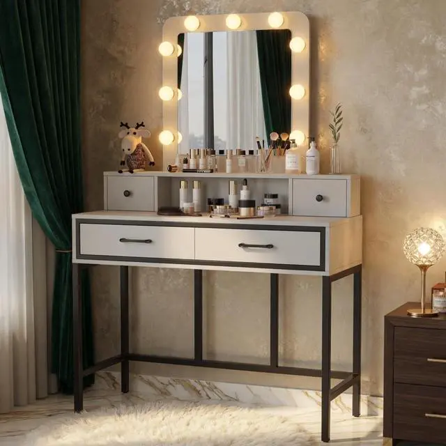 Alt view image 5 of 7 - 39.37" White Vanity Desk with 3-Color Lighted Mirror - Makeup Table with 4 Drawers
