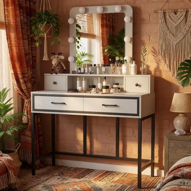 Alt view image 6 of 7 - 39.37" White Vanity Desk with 3-Color Lighted Mirror - Makeup Table with 4 Drawers