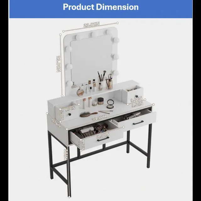 Alt view image 3 of 7 - 39.37" White Vanity Desk with 3-Color Lighted Mirror - Makeup Table with 4 Drawers