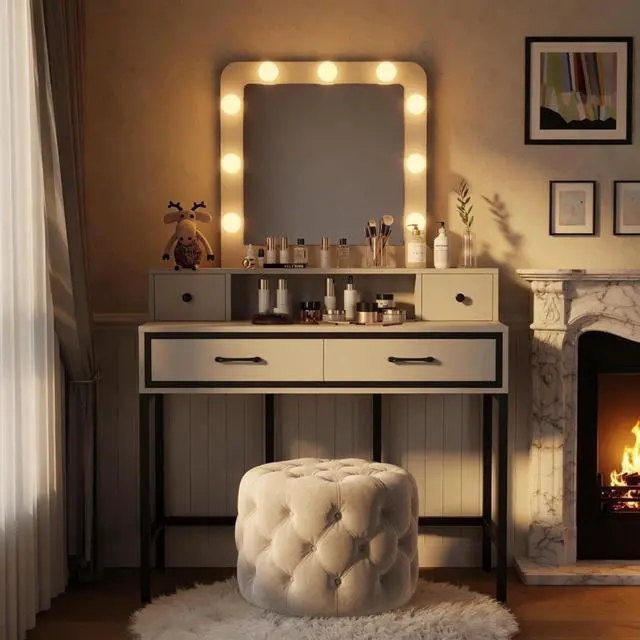 Alt view image 2 of 7 - 39.37" White Vanity Desk with 3-Color Lighted Mirror - Makeup Table with 4 Drawers