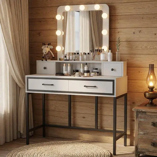 Alt view image 7 of 7 - 39.37" White Vanity Desk with 3-Color Lighted Mirror - Makeup Table with 4 Drawers