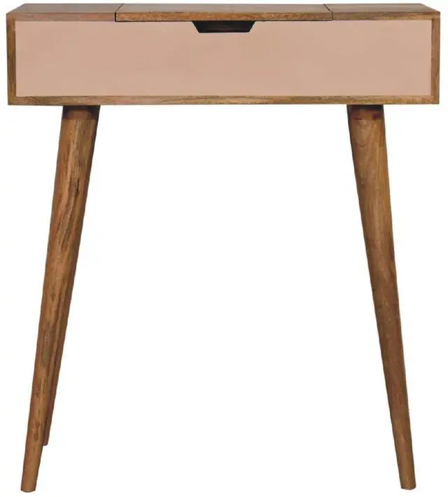 Main image of Solid wood Mini Pink Dressing Table, 4 Compartments, Nordic Legs, Pink and Light Brown