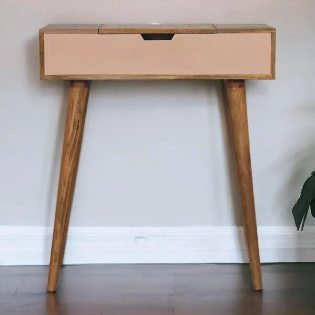 Alt view image 2 of 7 - Solid wood Mini Pink Dressing Table, 4 Compartments, Nordic Legs, Pink and Light Brown