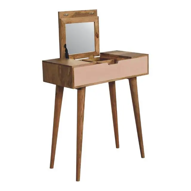 Alt view image 6 of 7 - Solid wood Mini Pink Dressing Table, 4 Compartments, Nordic Legs, Pink and Light Brown