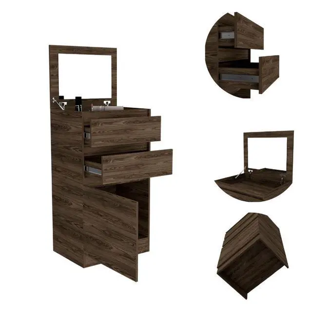 Alt view image 3 of 7 - Kamelot Dresser With Jewelry Box, Single Door Cabinet, Mirror, Two Drawers -Dark Walnut