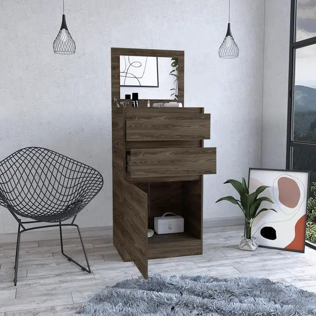 Alt view image 5 of 7 - Kamelot Dresser With Jewelry Box, Single Door Cabinet, Mirror, Two Drawers -Dark Walnut