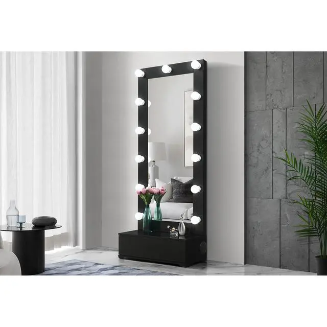 Alt view image 2 of 7 - ELISA BLACK NARROW TALL MIRROR WITH SPEAKER AND DRAWER