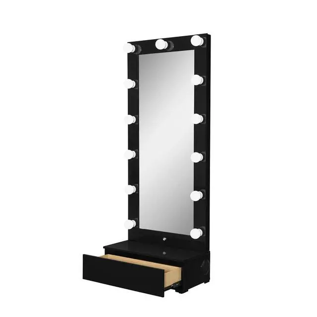 Alt view image 7 of 7 - ELISA BLACK NARROW TALL MIRROR WITH SPEAKER AND DRAWER