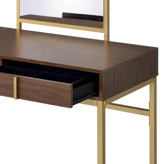 Alt view image 3 of 7 - Coleen Walnut & Gold Finish Vanity Desk W/Mirror & Jewelry Tray