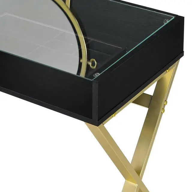 Alt view image 4 of 6 - Coleen Black & Gold Finish Vanity Desk W/Mirror & Jewelry Tray