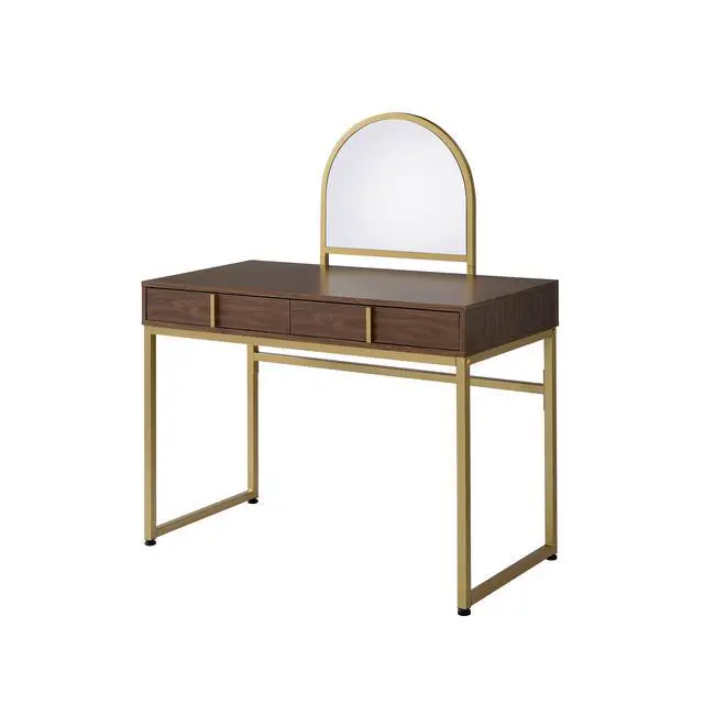 Alt view image 2 of 7 - Coleen Walnut & Gold Finish Vanity Desk W/Mirror & Jewelry Tray