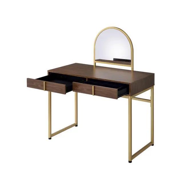 Alt view image 6 of 7 - Coleen Walnut & Gold Finish Vanity Desk W/Mirror & Jewelry Tray