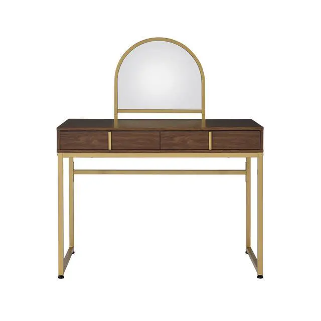 Alt view image 4 of 7 - Coleen Walnut & Gold Finish Vanity Desk W/Mirror & Jewelry Tray