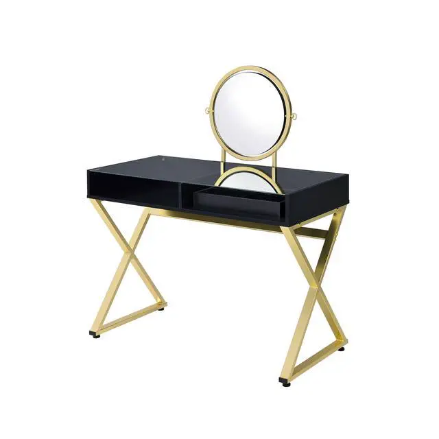Alt view image 3 of 6 - Coleen Black & Gold Finish Vanity Desk W/Mirror & Jewelry Tray