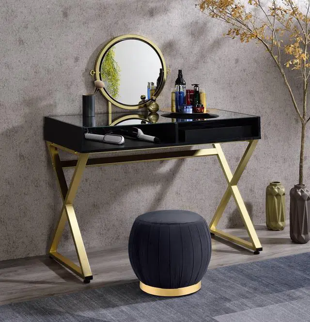 Main image of Coleen Black & Gold Finish Vanity Desk W/Mirror & Jewelry Tray