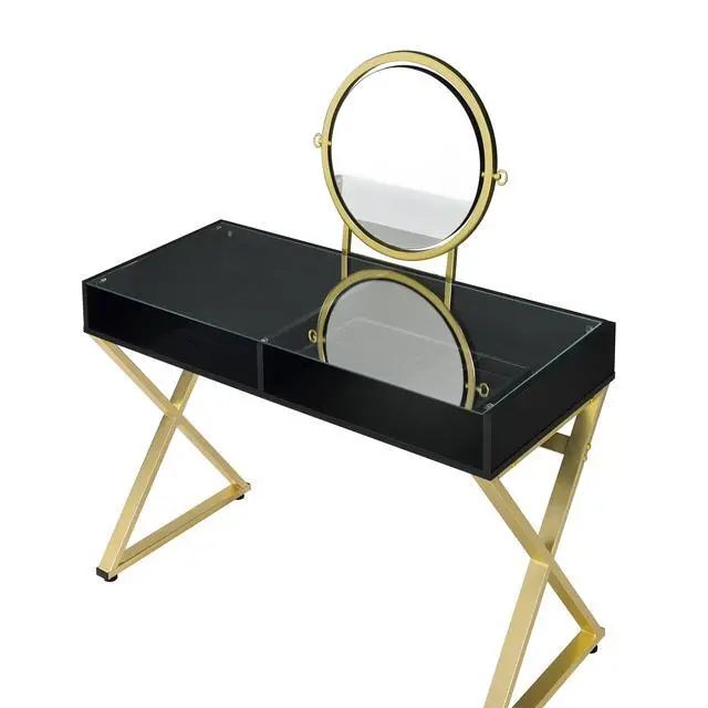 Alt view image 6 of 6 - Coleen Black & Gold Finish Vanity Desk W/Mirror & Jewelry Tray