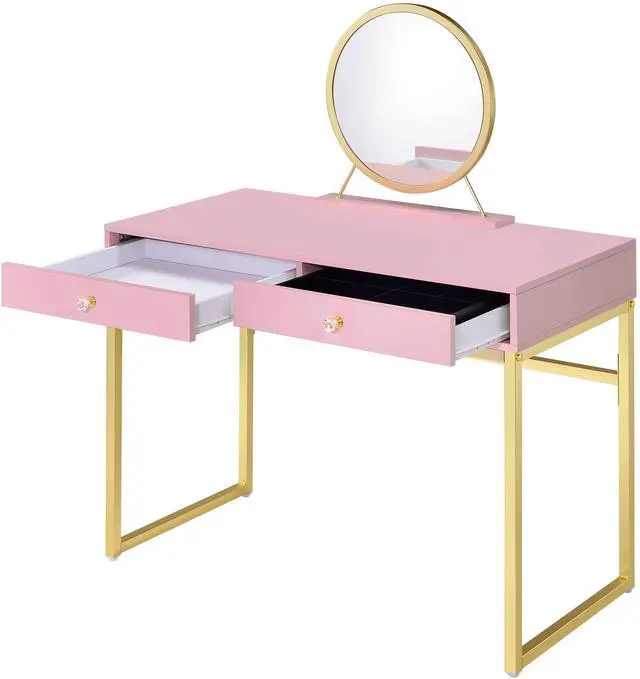 Main image of Coleen Pink & Gold Finish Vanity Desk W/Mirror & Jewelry Tray
