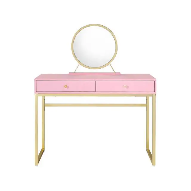 Alt view image 3 of 7 - Coleen Pink & Gold Finish Vanity Desk W/Mirror & Jewelry Tray