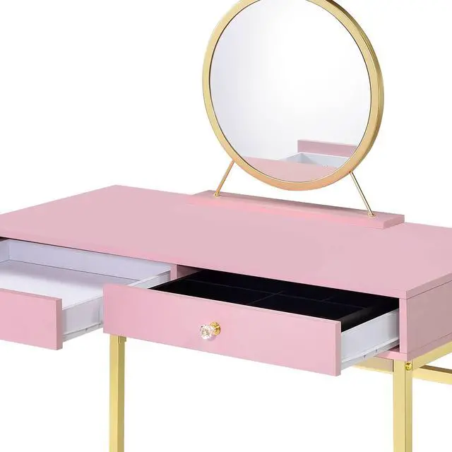 Alt view image 5 of 7 - Coleen Pink & Gold Finish Vanity Desk W/Mirror & Jewelry Tray
