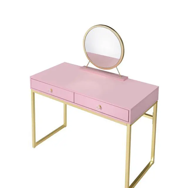 Alt view image 6 of 7 - Coleen Pink & Gold Finish Vanity Desk W/Mirror & Jewelry Tray