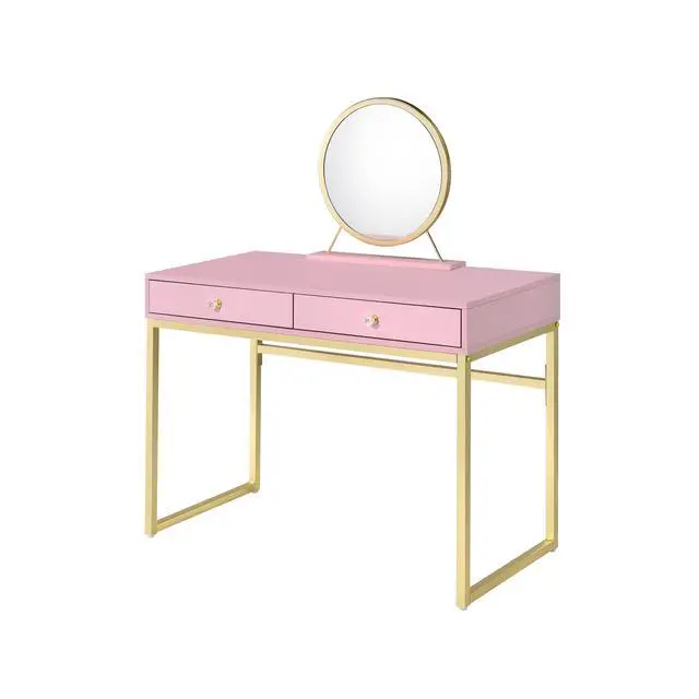 Alt view image 2 of 7 - Coleen Pink & Gold Finish Vanity Desk W/Mirror & Jewelry Tray