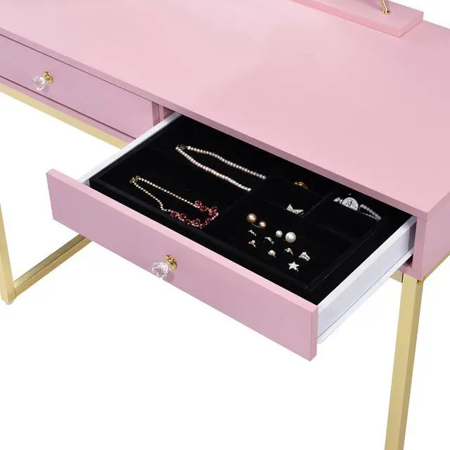 Alt view image 7 of 7 - Coleen Pink & Gold Finish Vanity Desk W/Mirror & Jewelry Tray
