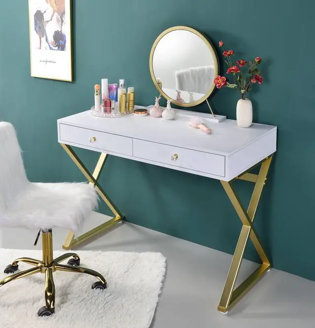 Main image of Coleen White & Gold Finish Vanity Desk W/Mirror & Jewelry Tray