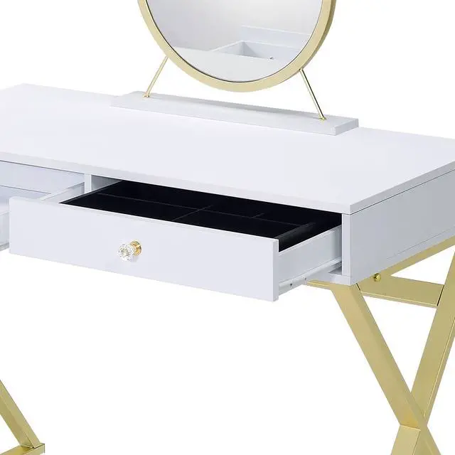 Alt view image 5 of 7 - Coleen White & Gold Finish Vanity Desk W/Mirror & Jewelry Tray