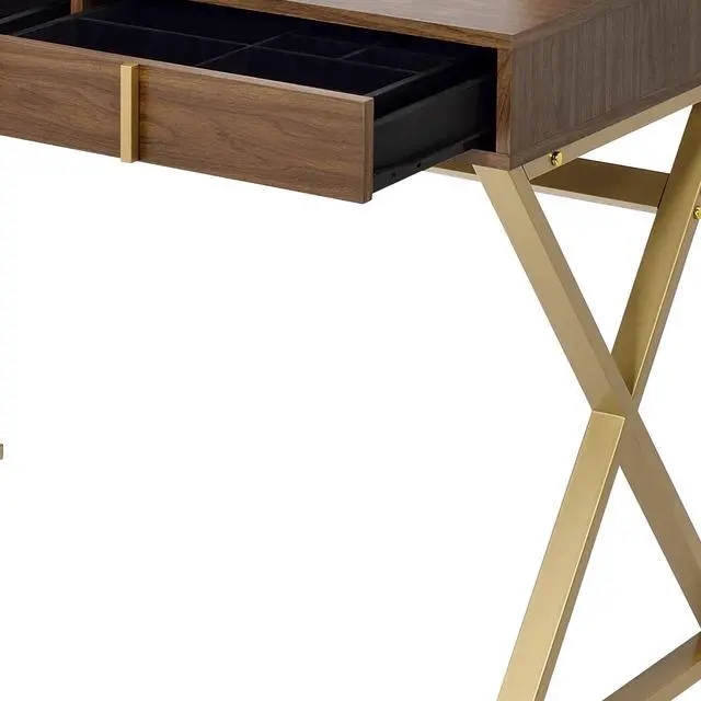 Alt view image 2 of 7 - Coleen Walnut & Gold Finish Vanity Desk W/Mirror & Jewelry Tray