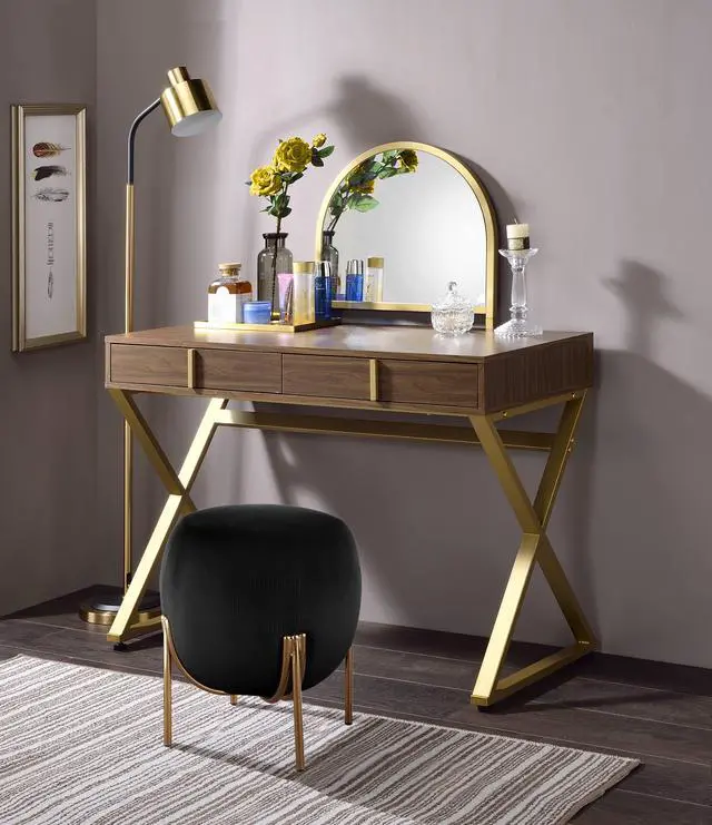 Main image of Coleen Walnut & Gold Finish Vanity Desk W/Mirror & Jewelry Tray