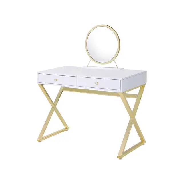 Alt view image 4 of 7 - Coleen White & Gold Finish Vanity Desk W/Mirror & Jewelry Tray