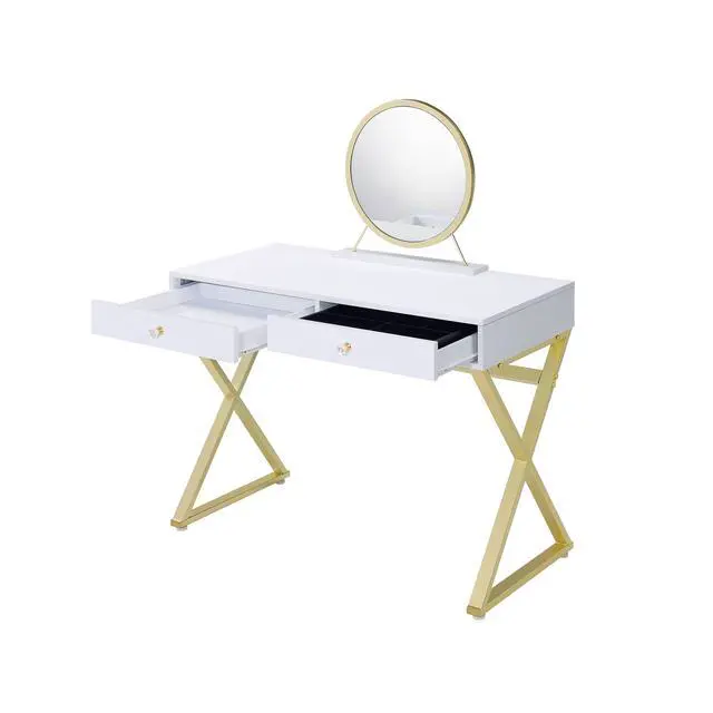 Alt view image 7 of 7 - Coleen White & Gold Finish Vanity Desk W/Mirror & Jewelry Tray
