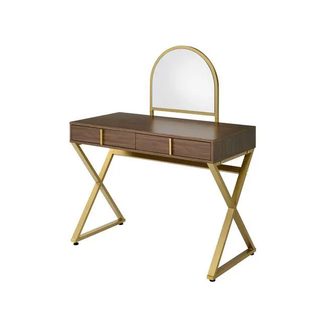 Alt view image 3 of 7 - Coleen Walnut & Gold Finish Vanity Desk W/Mirror & Jewelry Tray